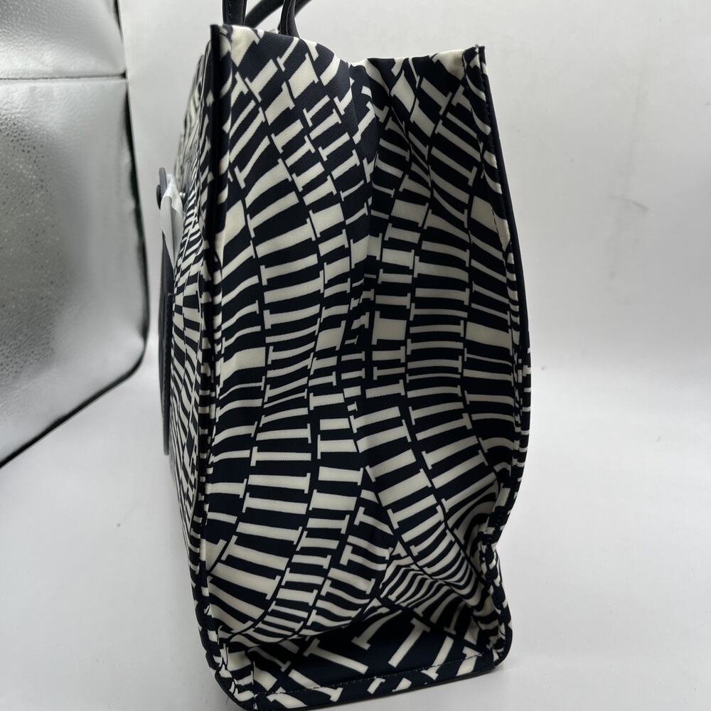 Tory Burch Ella Printed Tote Bag Navy Blue Beige Circles Gingham Nylon Leather - Picture 2 of 12